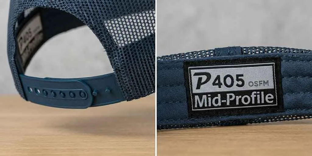 Snapback closure and inside label details on a custom cap sample