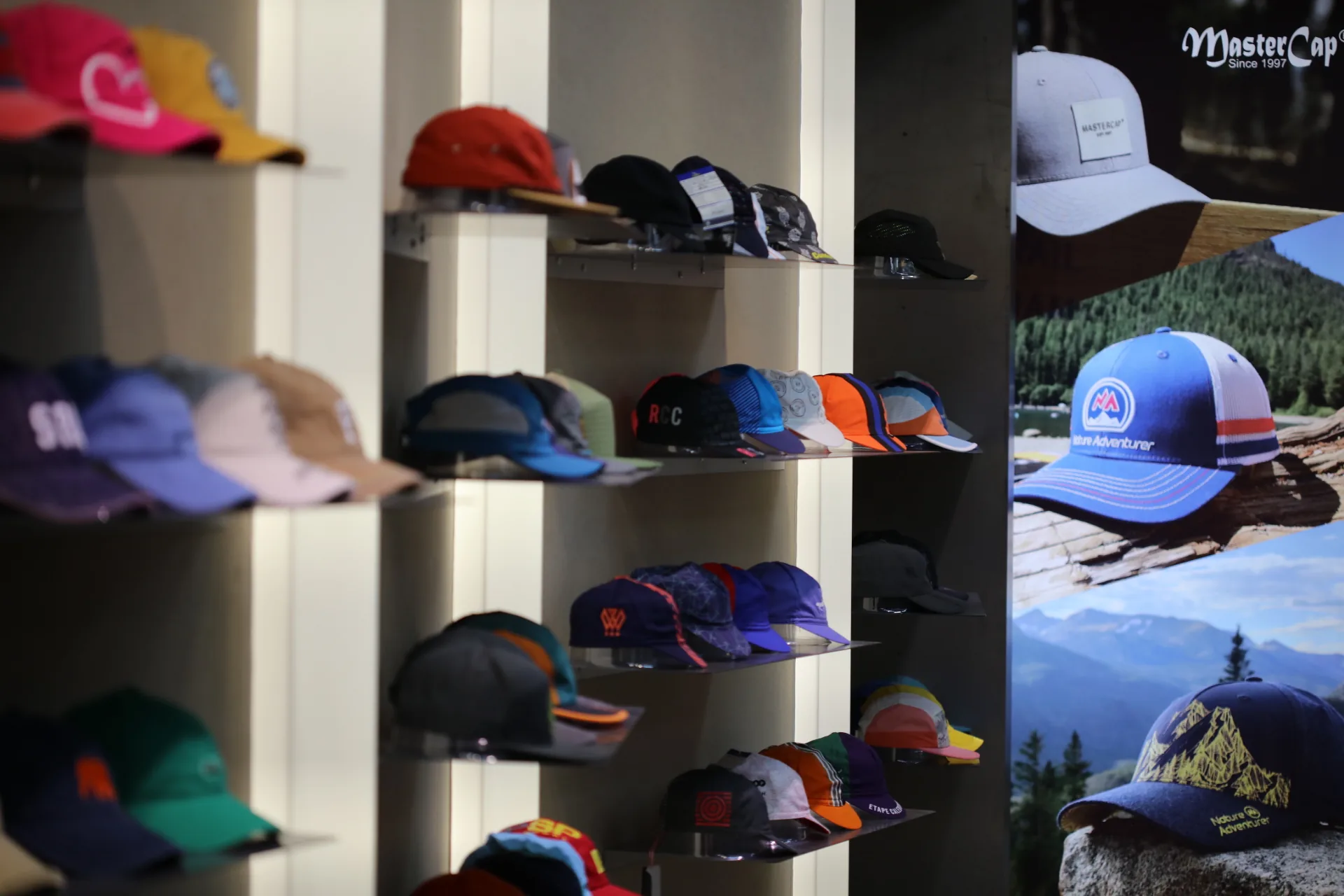 Custom cap styles displayed in a showroom for shape and design comparison