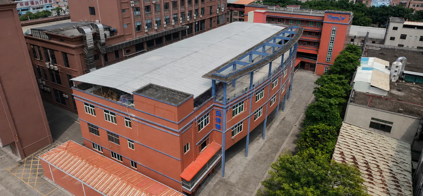 Elevated view of the MasterCap headwear production facility in Dongguan