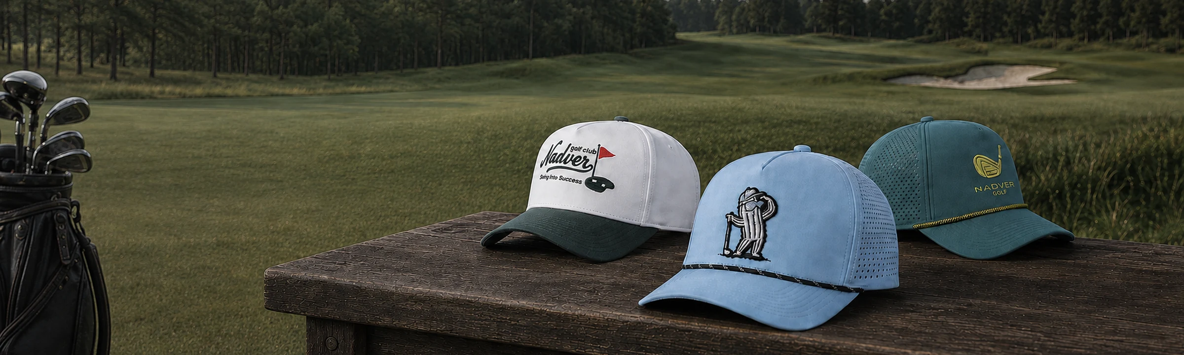 Custom golf hats and caps displayed on a golf course