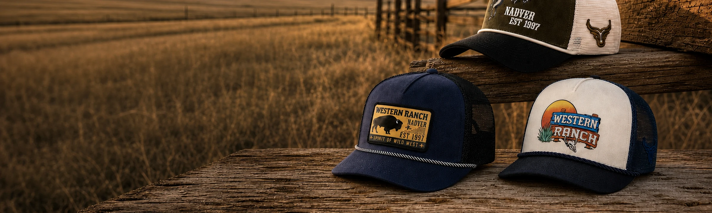 Custom western and ranch trucker caps displayed in an outdoor ranch setting