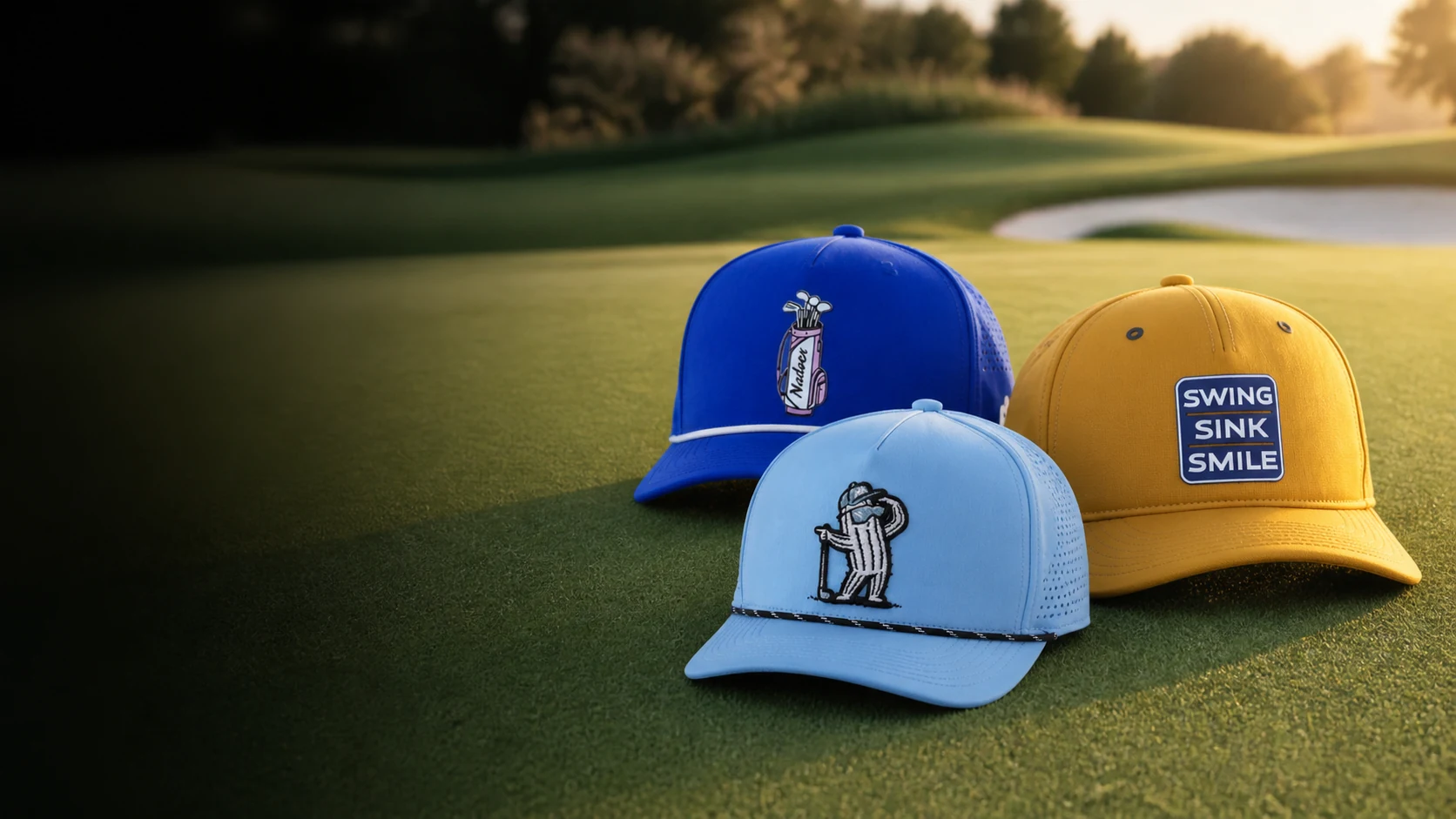 Custom golf headwear collection displayed on a golf course