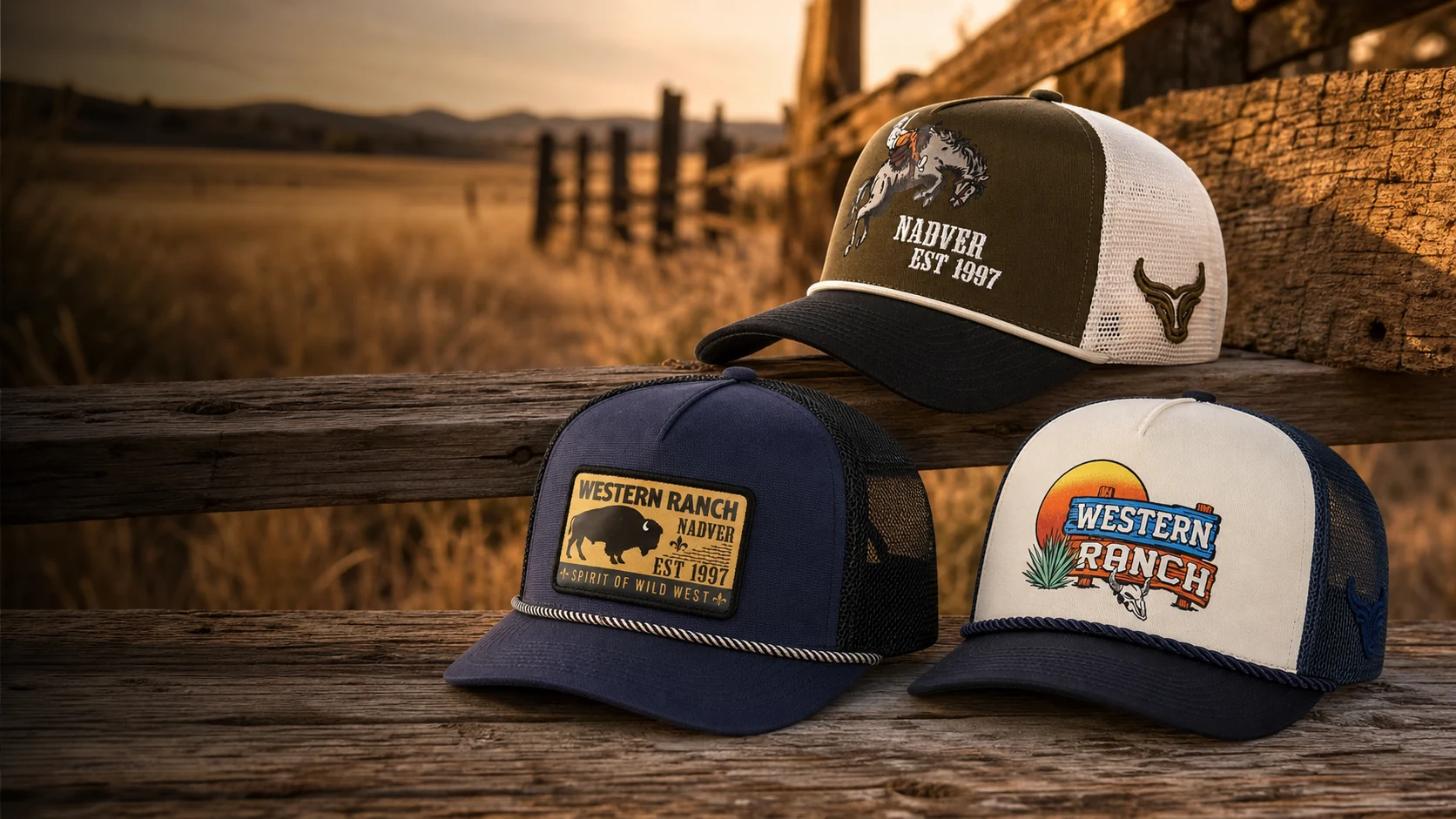 Custom western and ranch headwear collection on a timber fence