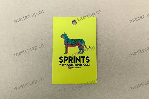 MHT009 600 gsm soft-touch-coated, double-sided printed art-paper hangtag with clear plastic J-hook