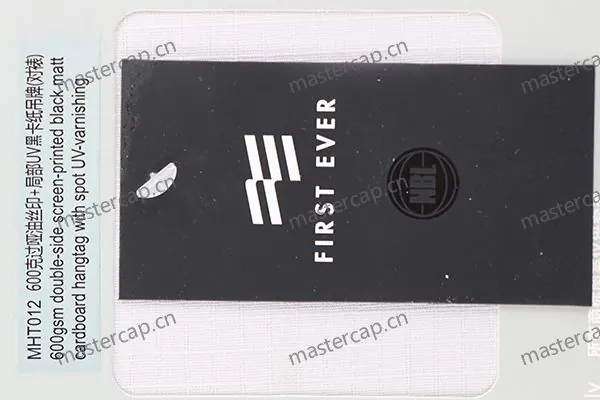 MHT012 600 gsm double-sided screen-printed matte black-cardboard hangtag with spot UV varnish