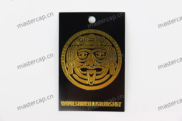 MHT029 350 gsm glossy-laminated, double-sided printed paper hangtag with gold foil stamping and clear plastic J-hook