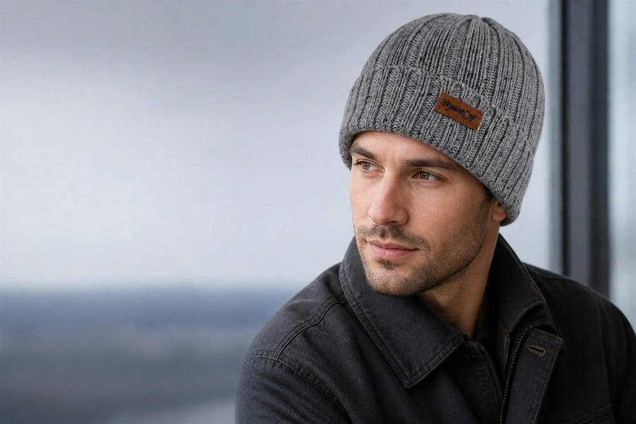 Male model wearing a gray custom cuffed rib-knit beanie with a leather patch