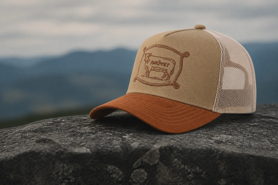 Tan and rust custom mesh-back trucker cap with cattle embroidery in an outdoor setting
