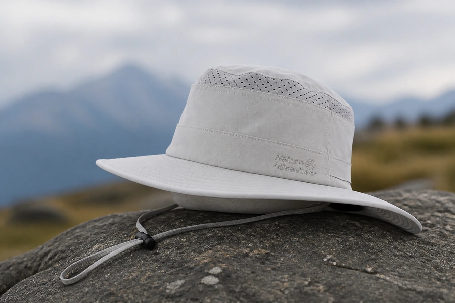Light gray custom wide-brim outdoor sun hat with ventilation and a chin cord