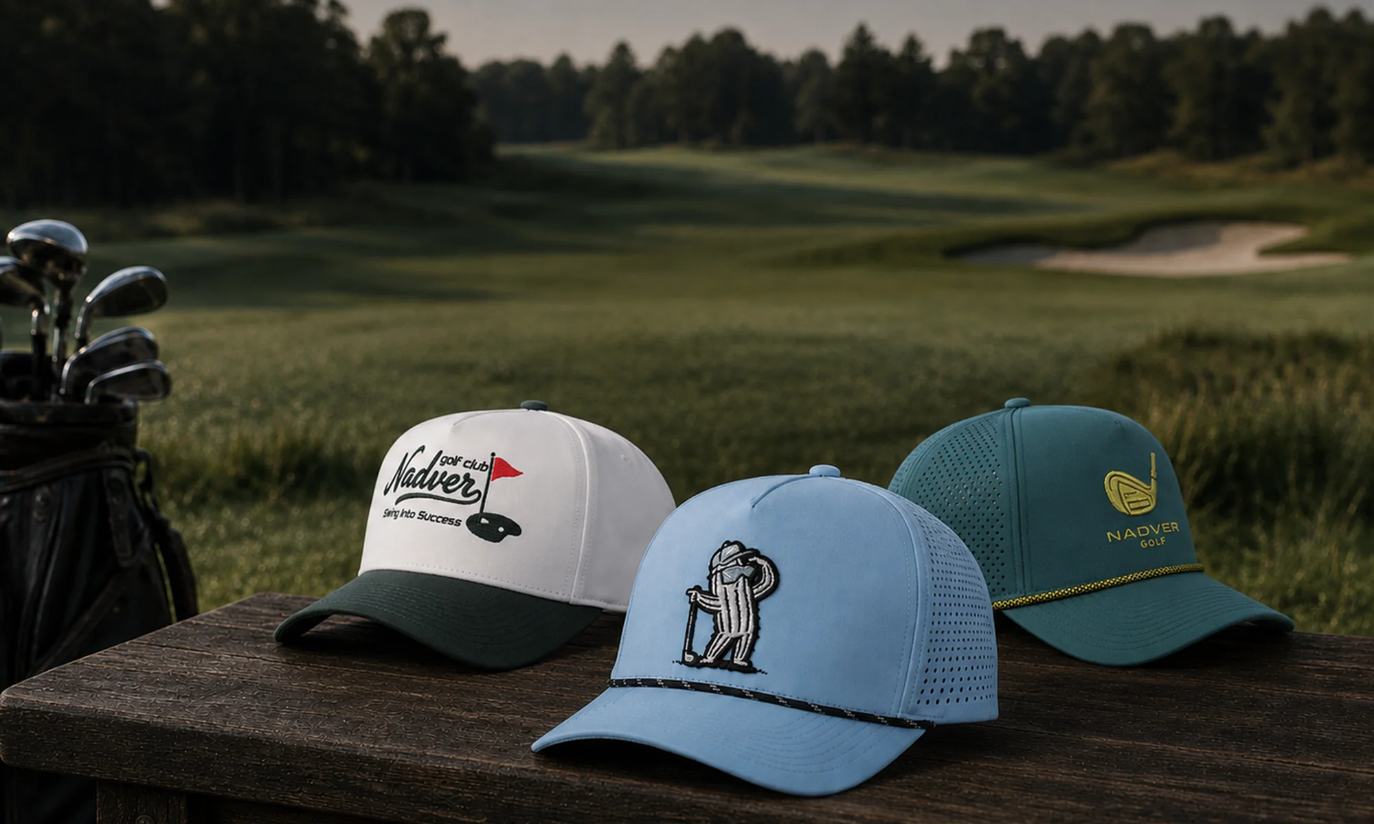 Three custom golf caps displayed on a golf course