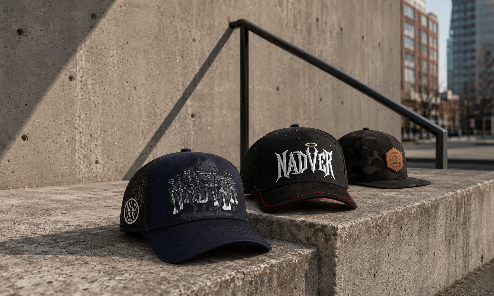 Custom streetwear caps displayed in an urban setting