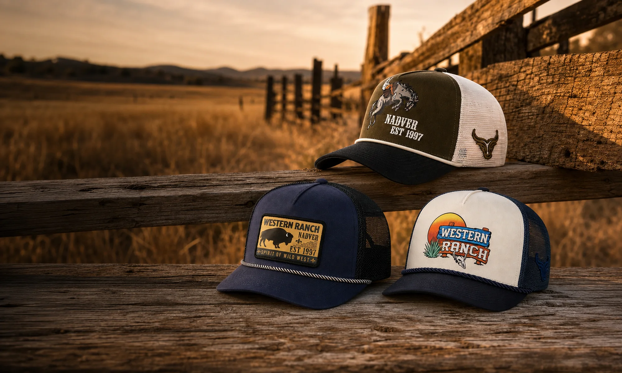 Custom western trucker caps displayed in a ranch setting
