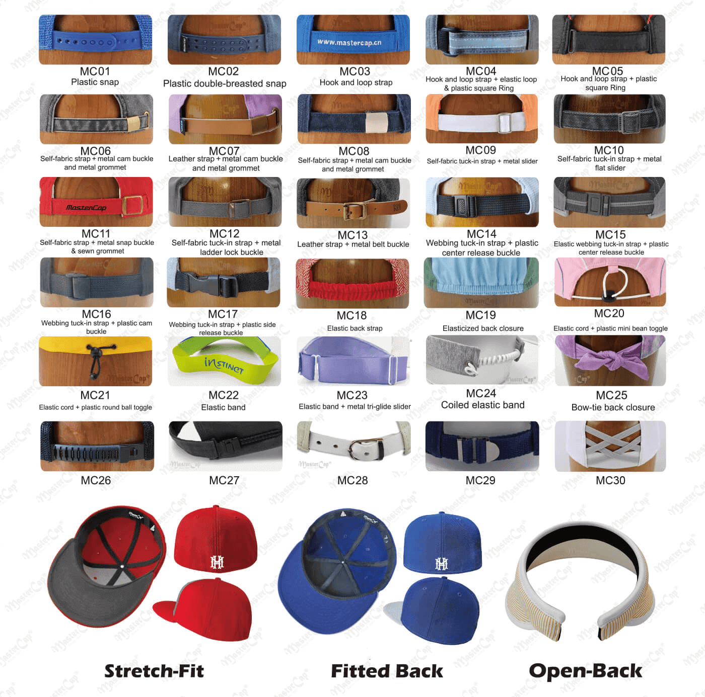Adjustable back closure options for custom caps