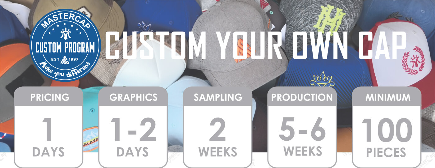 MasterCap custom cap program timeline for pricing, graphics, sampling, production and minimum order quantity