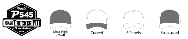 P545 Ultra-high Crown Trucker Fit cap shape and construction features