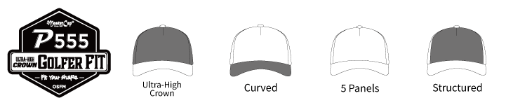 P555 Ultra-high Crown Golfer Fit cap shape and construction features