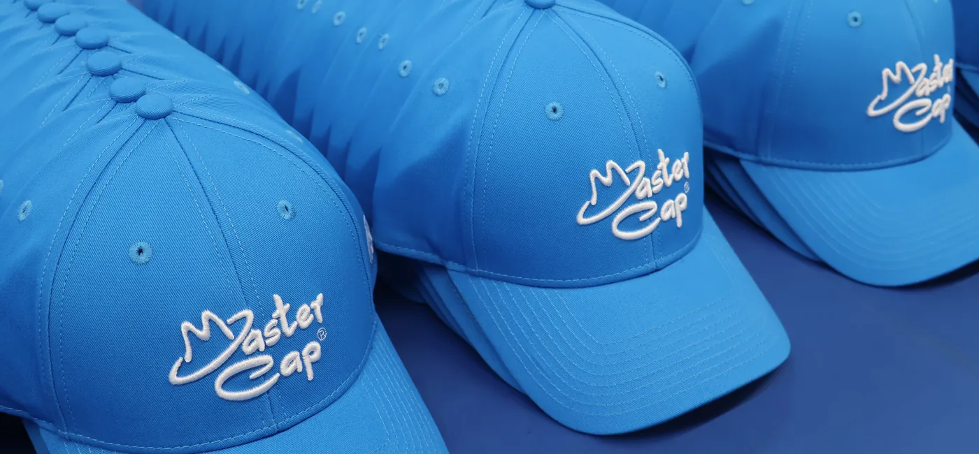 Finished custom caps produced at the MasterCap headwear factory