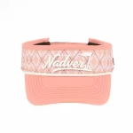 Pink argyle golf visor with silicone front logo, top-down front view