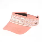 Pink argyle golf visor with silicone logo, top-down front-angle view