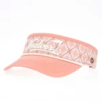 Custom pink women's golf visor with argyle print and silicone logo, overall front angle