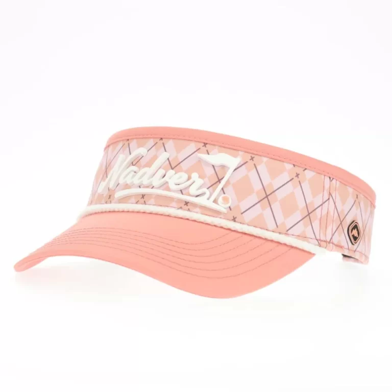 Custom pink women's golf visor with argyle print and silicone logo, overall front angle