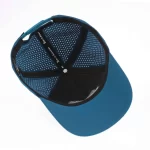 Performance fishing cap interior with stretch sweatband and branded seam tape