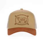 Ivory western trucker cap with embroidered ranch applique and suede visor