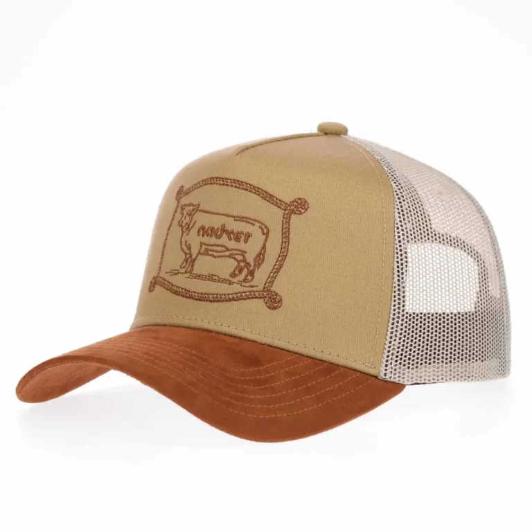 Western five-panel trucker cap with brown suede visor and embroidered applique, front angle