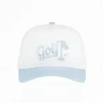 White five-panel golf cap with light-blue puff print and curved visor