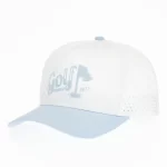 White P525 golf performance cap with light-blue visor and laser perforations, front angle