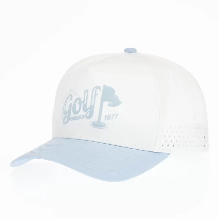 White P525 golf performance cap with light-blue visor and laser perforations, front angle