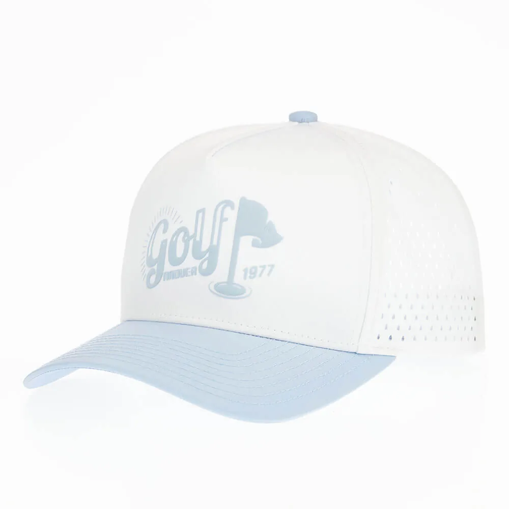 White P525 golf performance cap with light-blue visor and laser perforations, front angle