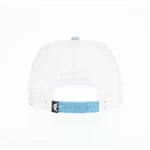 White perforated performance cap with blue adjustable snapback, rear view