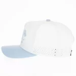 Golf performance cap with laser-perforated side panel and contrast visor