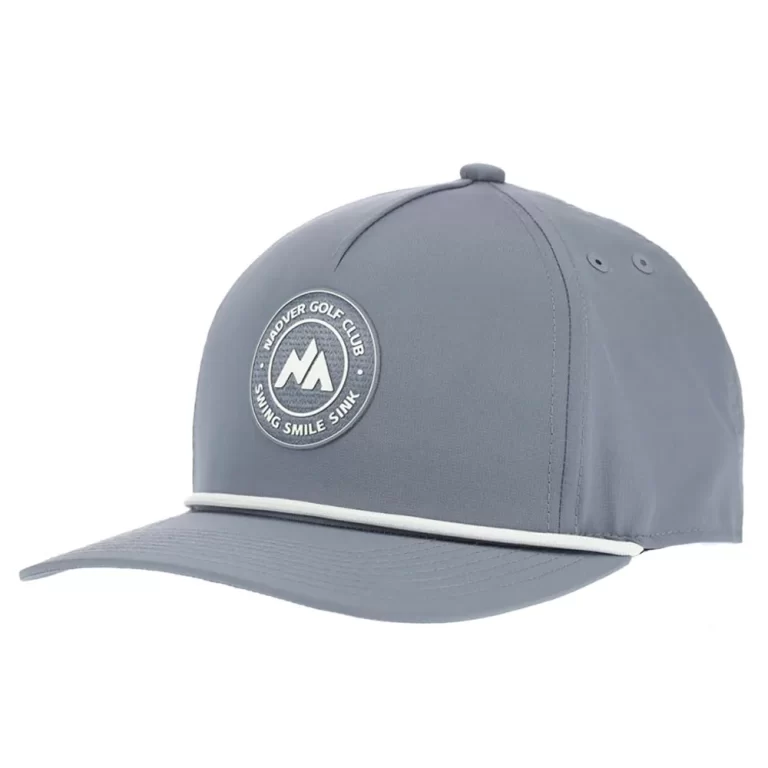 Grey-purple five-panel golf performance rope cap with silicone logo, front angle
