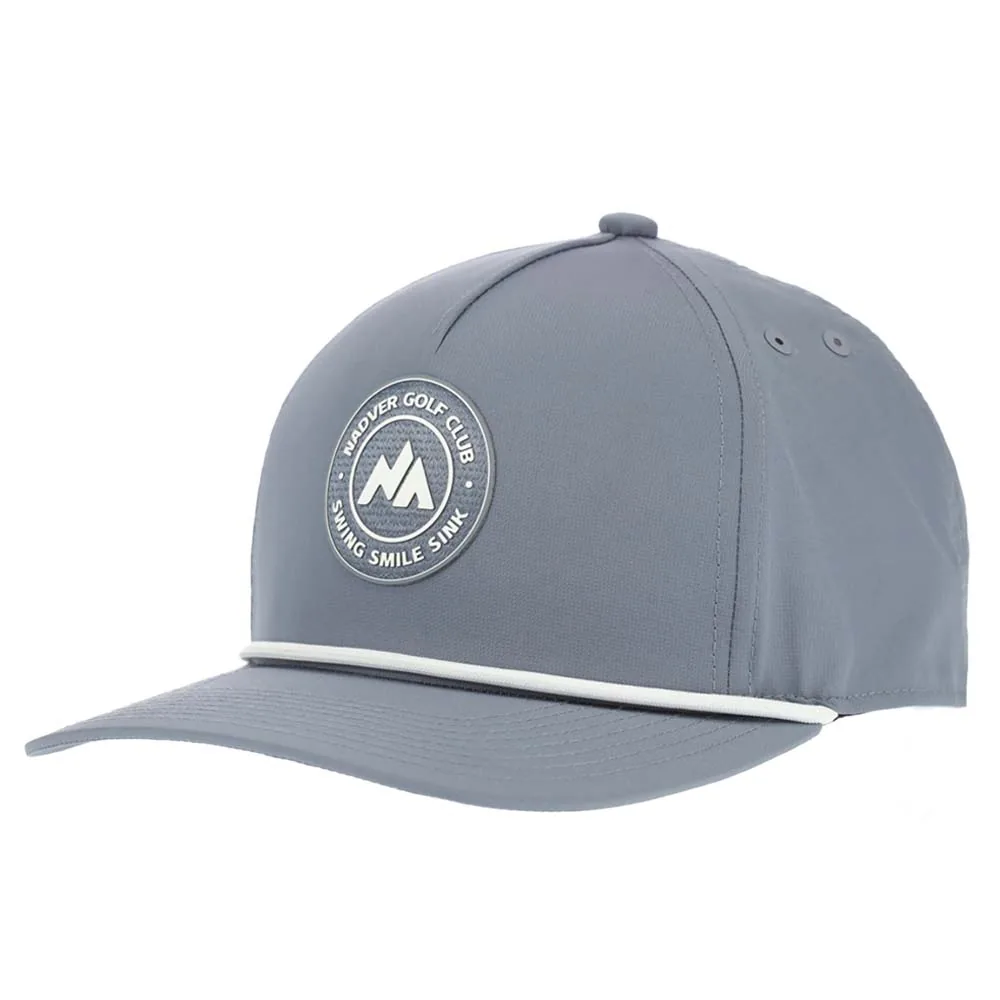Grey-purple five-panel golf performance rope cap with silicone logo, front angle