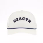 Ivory five-panel golf rope cap with navy 3D embroidery