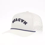 Ivory golf performance rope cap with navy 3D embroidery and laser perforations, front angle