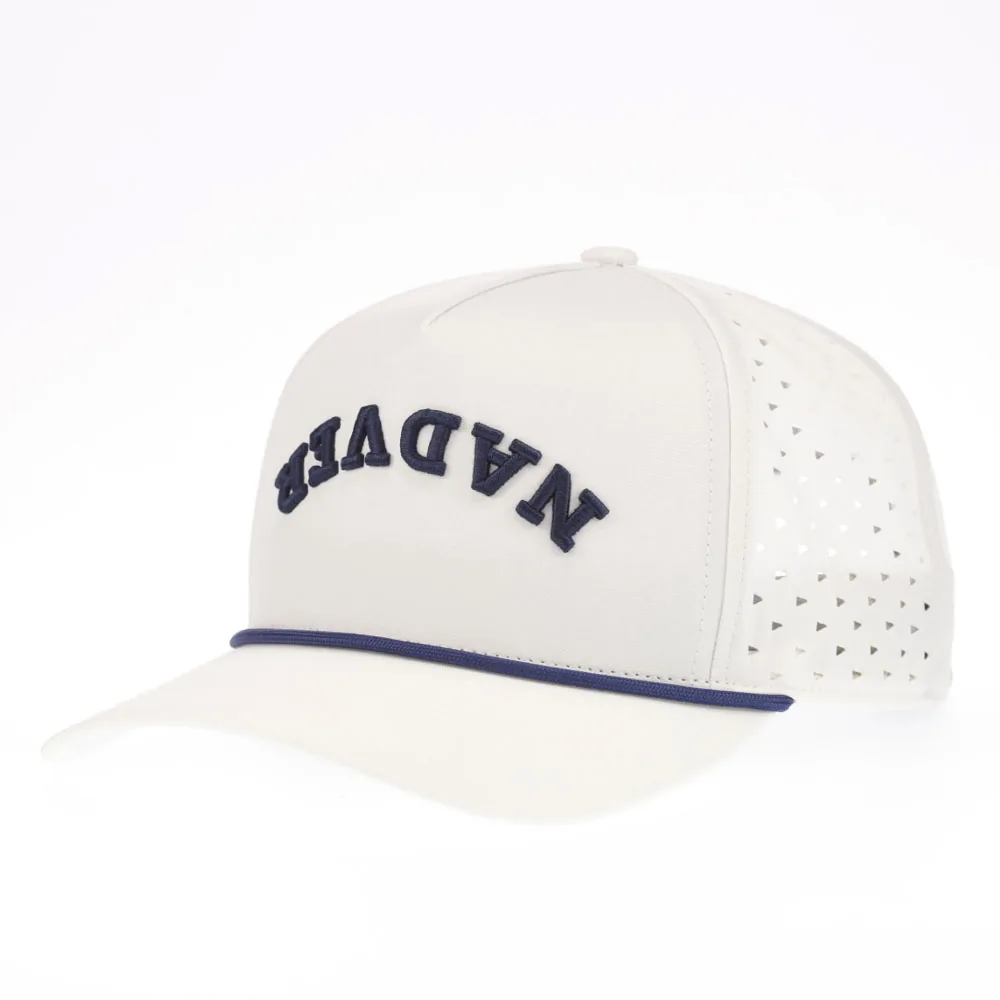 Ivory golf performance rope cap with navy 3D embroidery and laser perforations, front angle