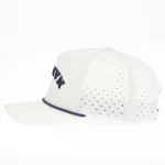 Golf performance cap with triangular laser-perforated side panel and navy rope trim