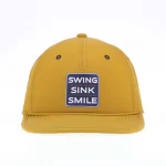 Khaki five-panel golf cap with navy silicone logo patch