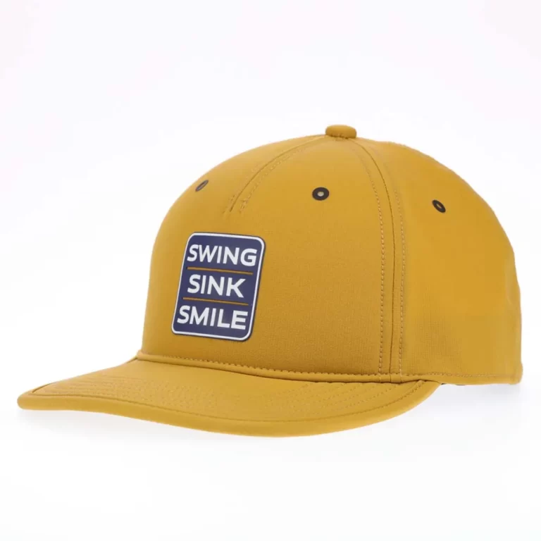 Khaki foam-backed golf performance cap with silicone patch, front angle