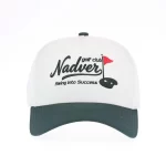 Ivory and dark-green five-panel golf cap with multicolour flat embroidery