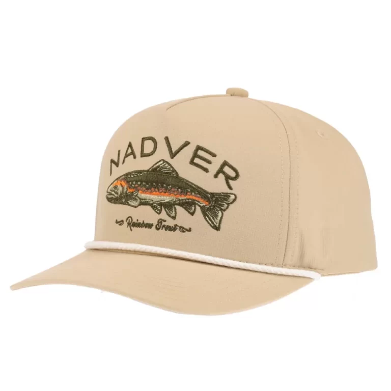 Light-khaki textured fishing cap with rope trim and flat embroidery, front angle