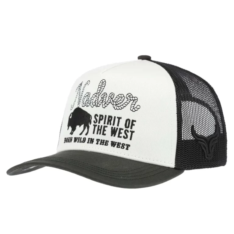 Custom western 5-panel trucker cap with buffalo embroidery, front angle