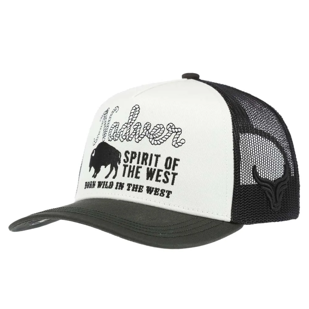 Custom western 5-panel trucker cap with buffalo embroidery, front angle