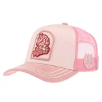 Custom P535 high-crown trucker cap with 3D embroidered horse applique, front angle