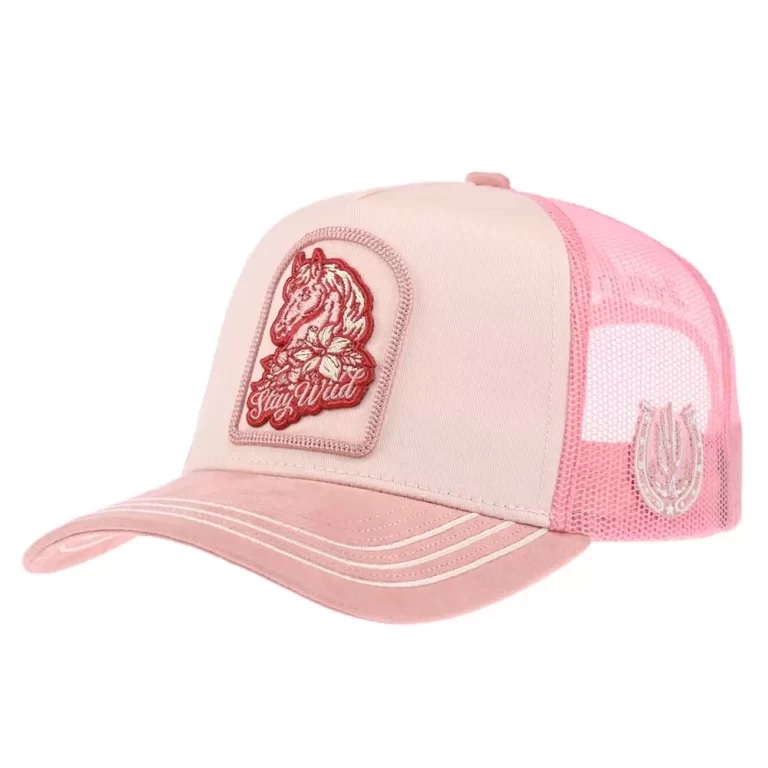 Custom P535 high-crown trucker cap with 3D embroidered horse applique, front angle