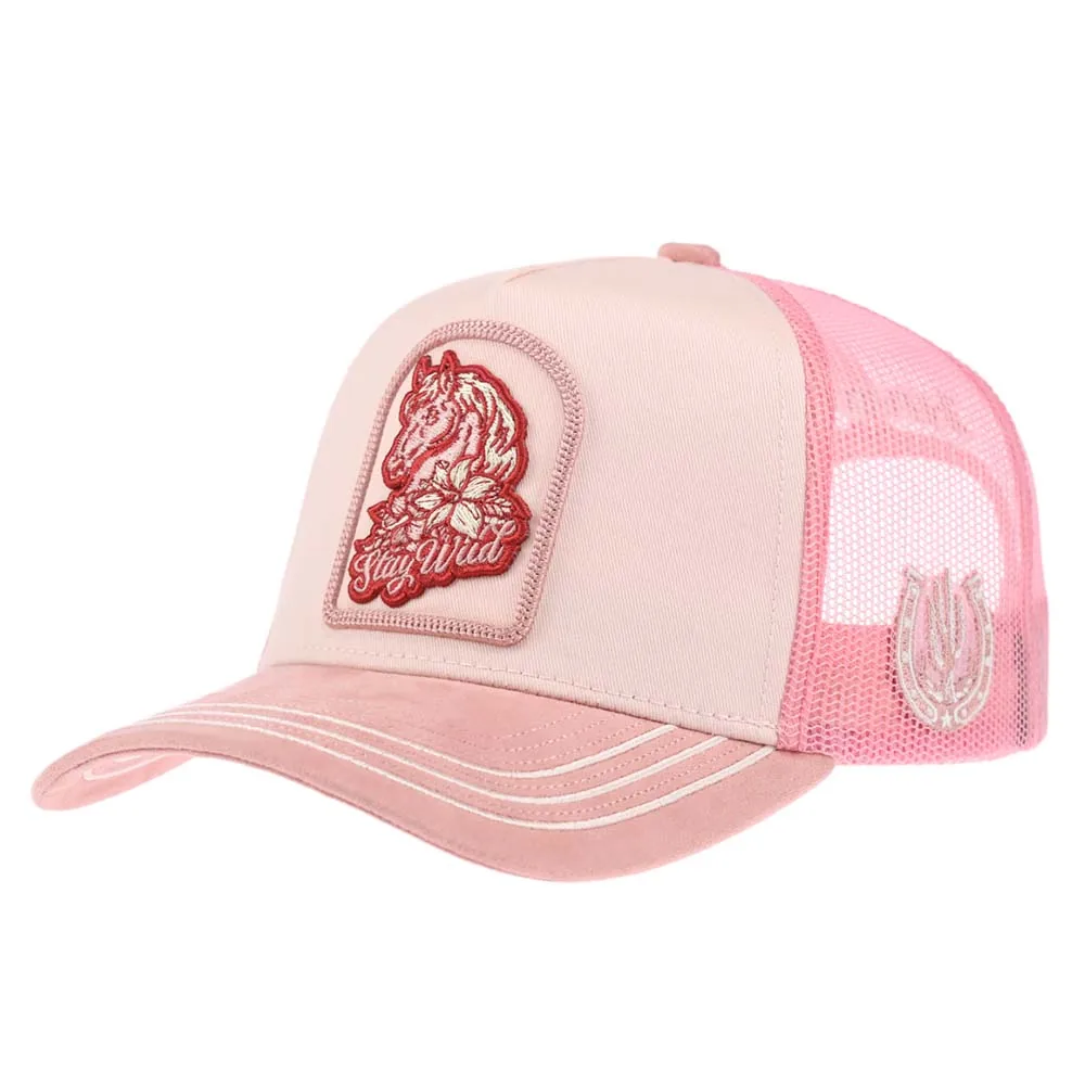 Custom P535 high-crown trucker cap with 3D embroidered horse applique, front angle