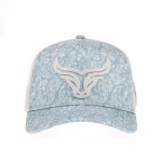 Front view of dusty-blue paisley 5-panel trucker cap with raised embroidery